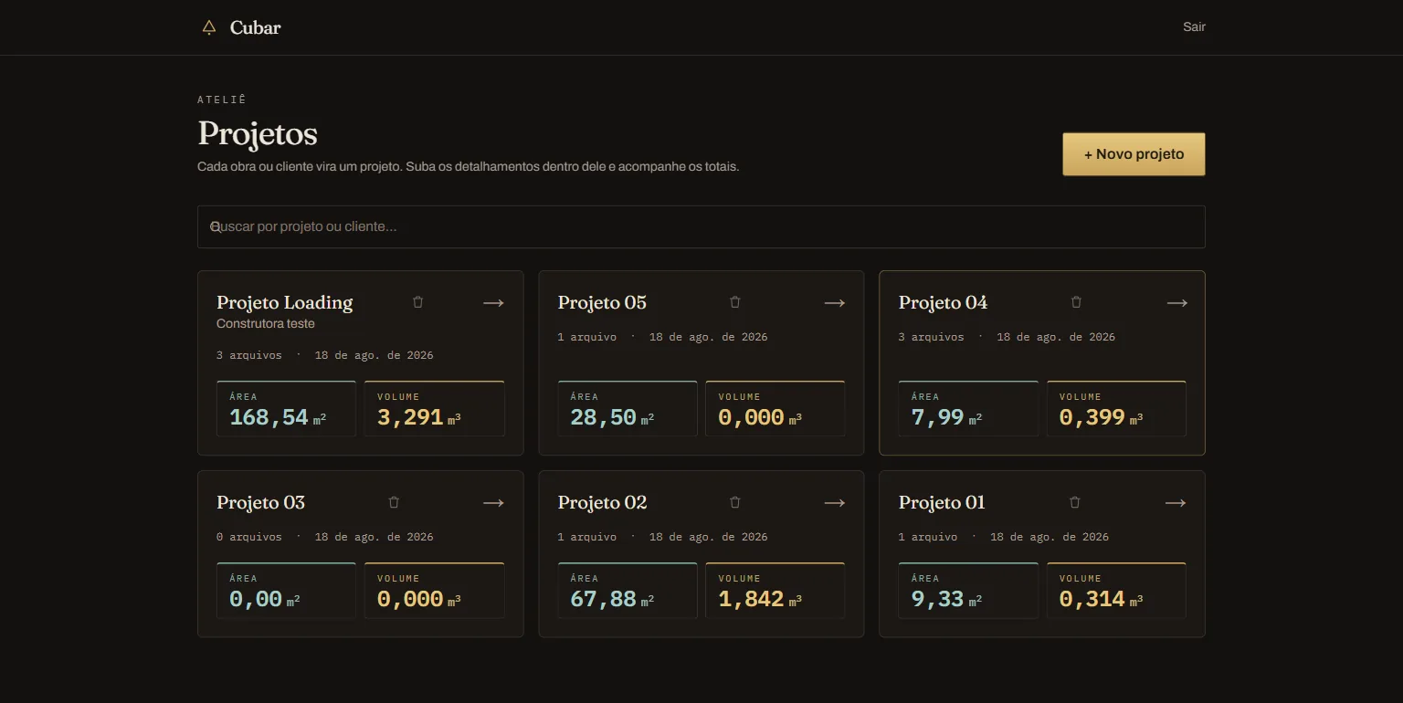 Lista de projetos do Cubar com &aacute;rea e volume