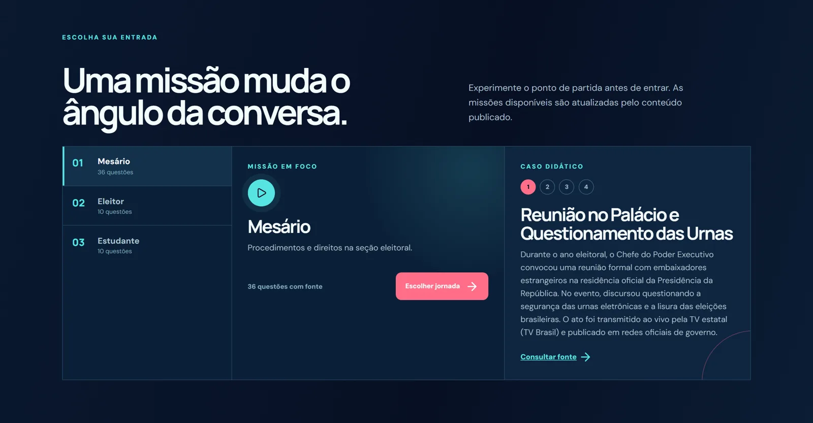 Sele&ccedil;&atilde;o de miss&atilde;o com a jornada do Mes&aacute;rio e um caso did&aacute;tico