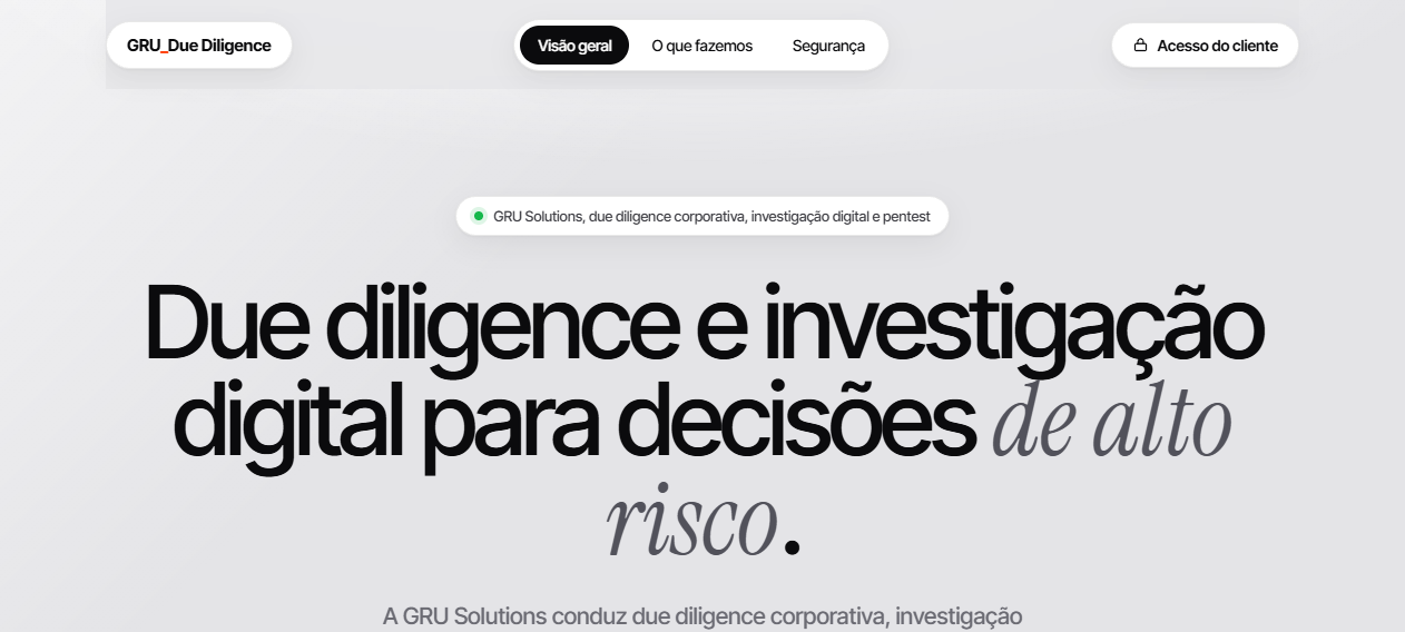 P&aacute;gina inicial do GRU Due Diligence com a proposta da plataforma