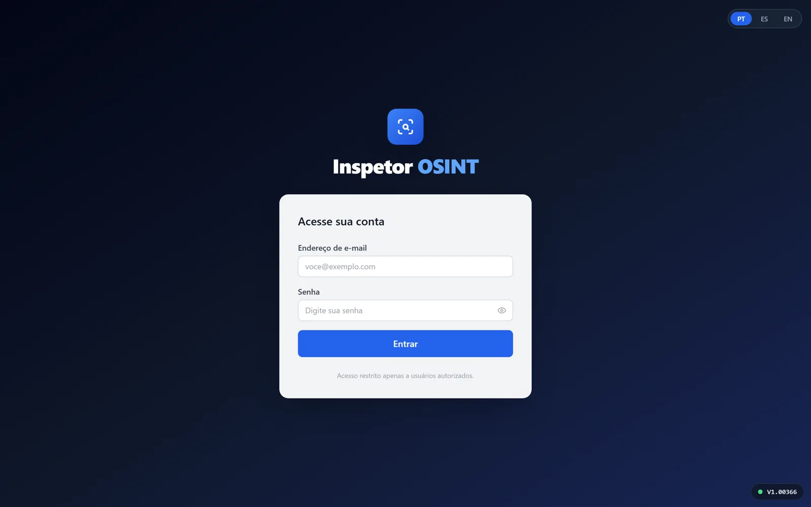 Tela de acesso do Inspetor OSINT