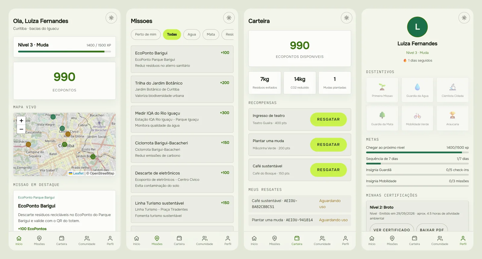 Quatro telas do app: in&iacute;cio, miss&otilde;es, carteira e perfil
