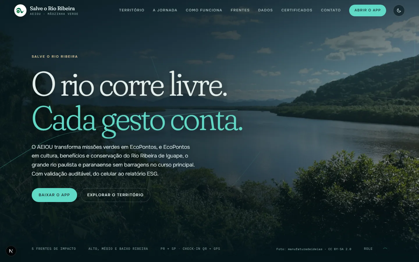 P&aacute;gina inicial do Salve o Rio Ribeira em modo escuro